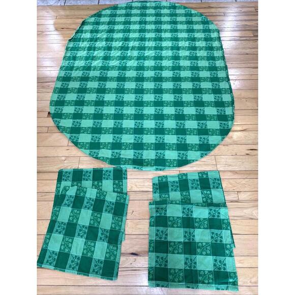 Other - VTG 80s Shamrock Clover Green Checkered 100% Cotton Tablecloth 54x72” & 4 Napkin